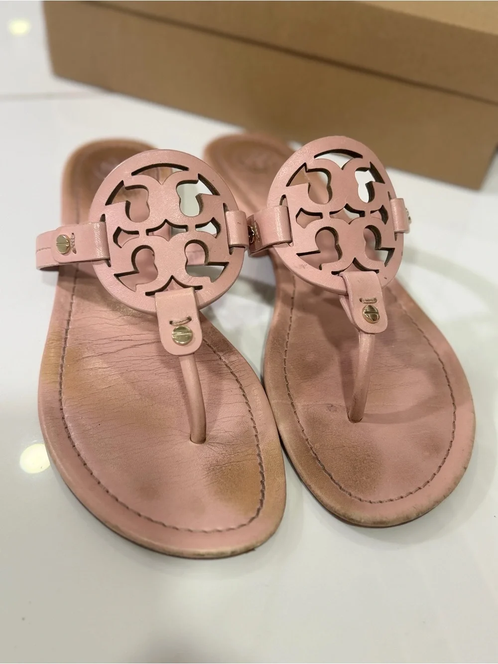 Tory Burch Pink Leather Logo Thong Sandals